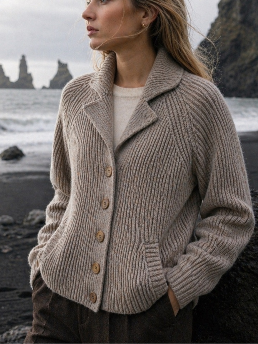 ISDA & CO wool Ribbed Shawl Collar Cardigan Quiet Luxury Minimalist Knit large